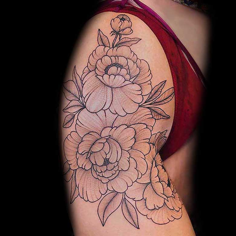 whip shading peony flower fineline tattoo