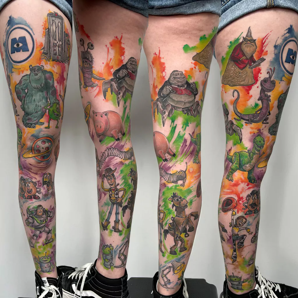 comic tattoo leg sleeve Toy Story and more