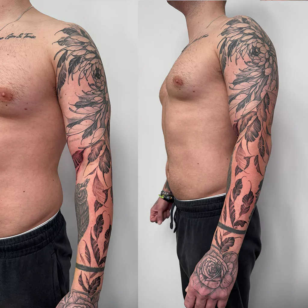 fineline tattoo eines floralen sleeves