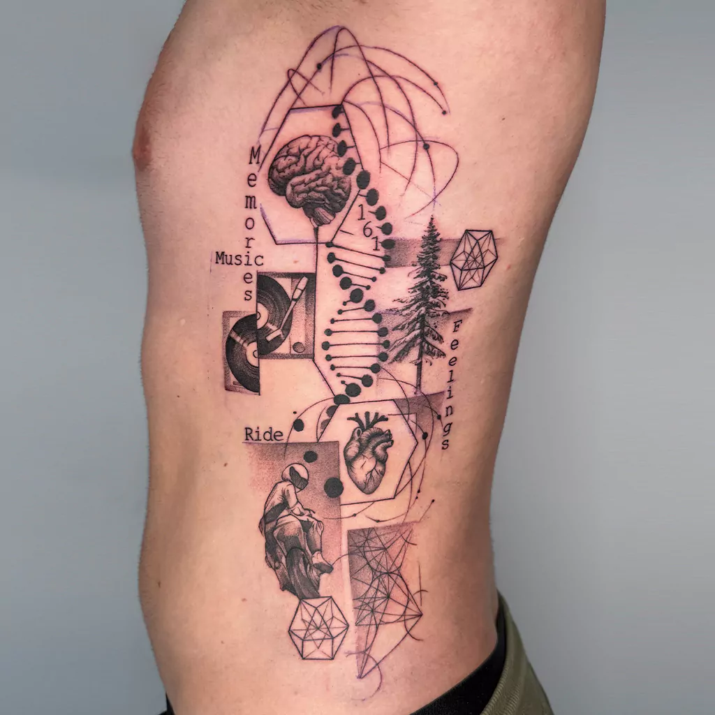 Fineline Tattoo mit einem Mix aus verschiedensten Elementen