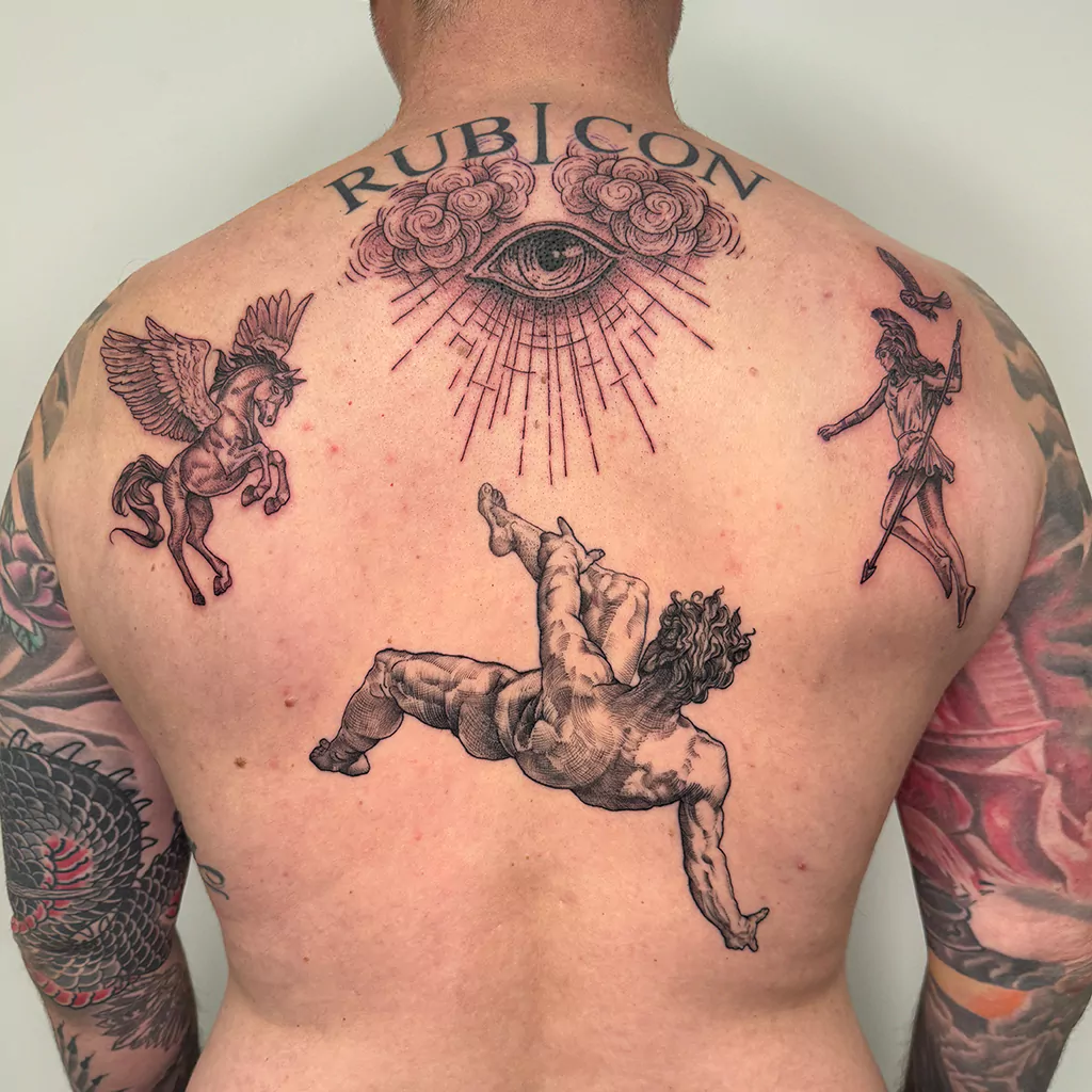 Wood carving Style Tattoo mit griechischer Mytologie