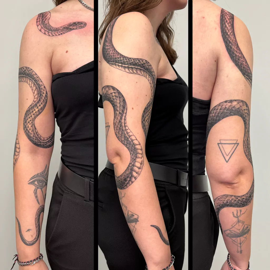 Fineline Whip Shading Schlange auf dem gesamten Arm