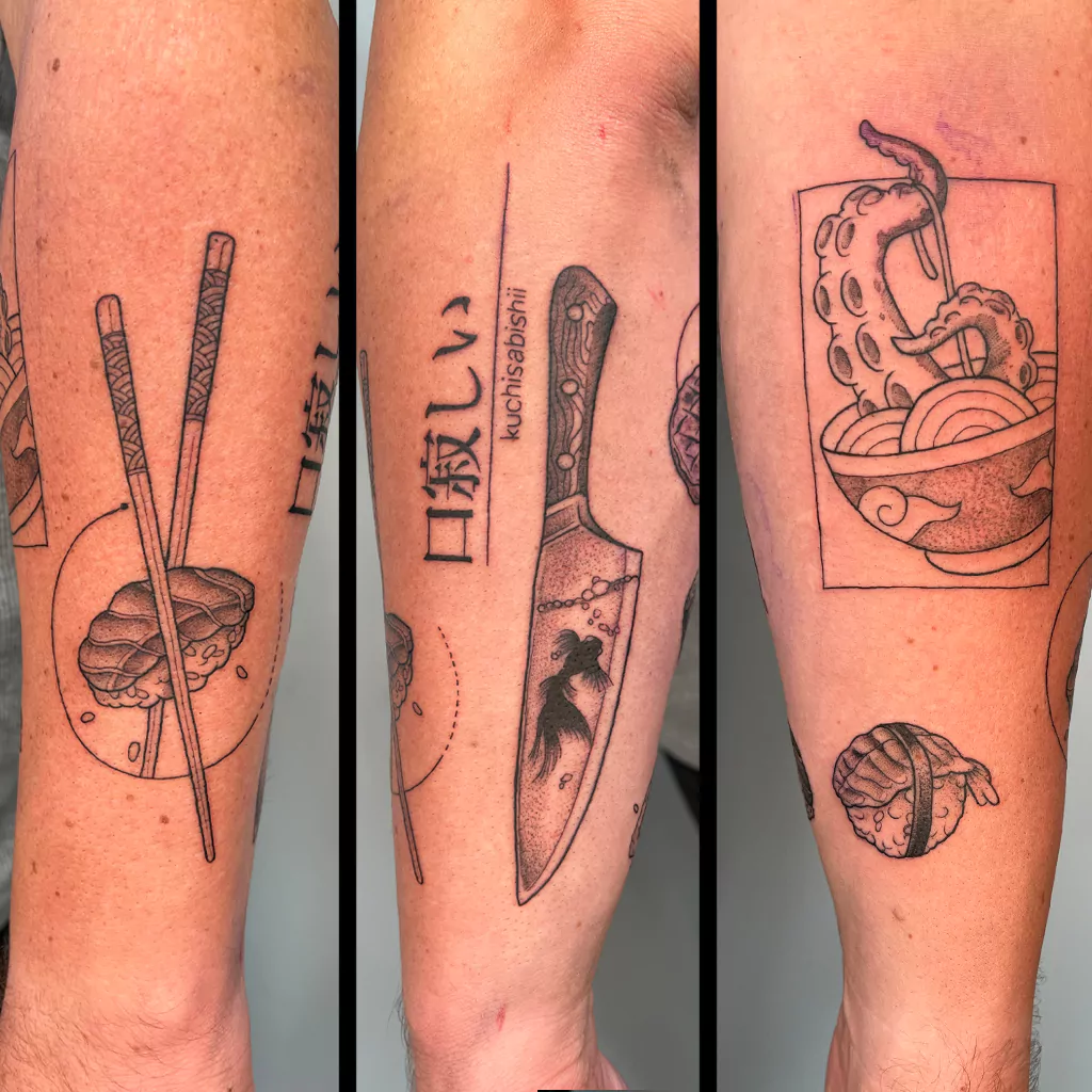 sketchy tattoo von verschiedenem Essen auf dem Arm