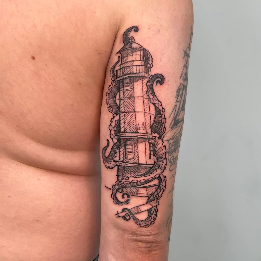 sketchy watercolor tattoo eines Leuchtturms