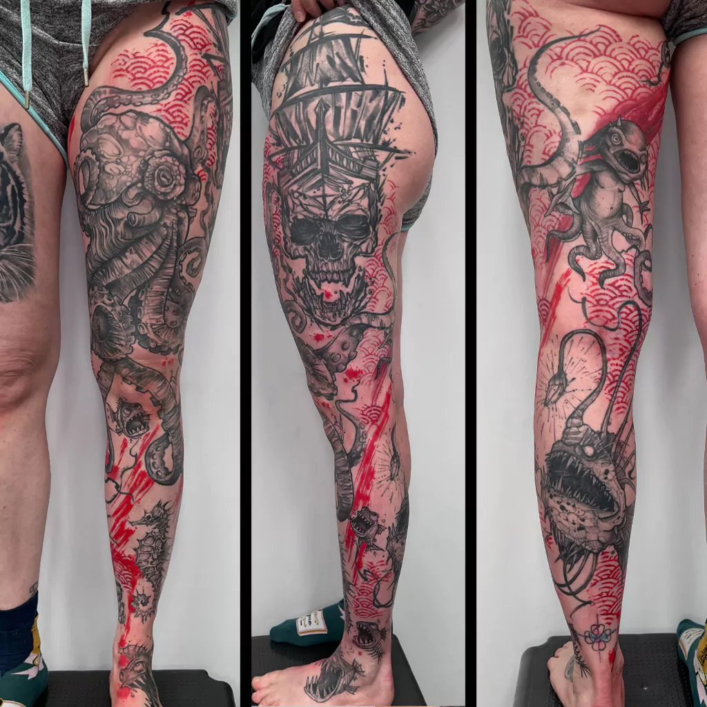 trash style full leg sleeve tattoo
