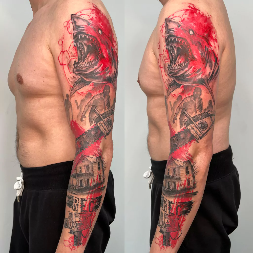 trash style horror tattoo auf dem Arm